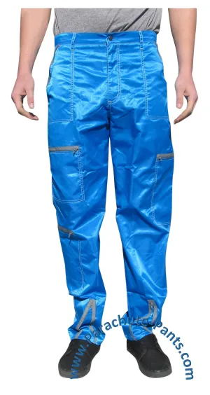 Panno D'Or Blue Nylon Parachute Pants with Grey Zippers