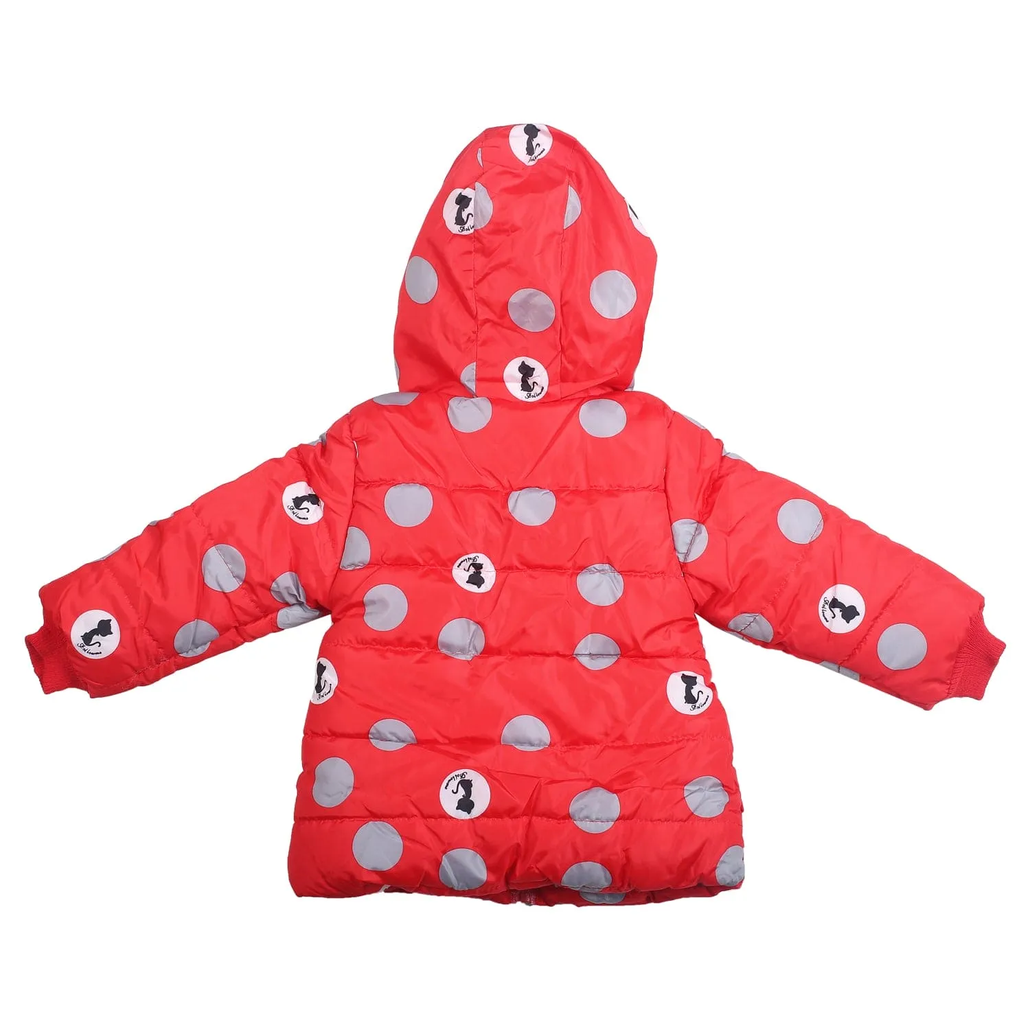 Polka Dotted Red Hooded Full Sleeve Padded Jacket