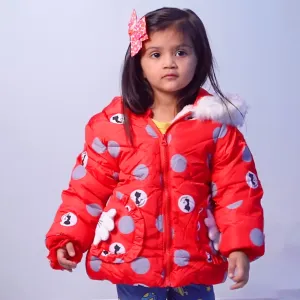 Polka Dotted Red Hooded Full Sleeve Padded Jacket