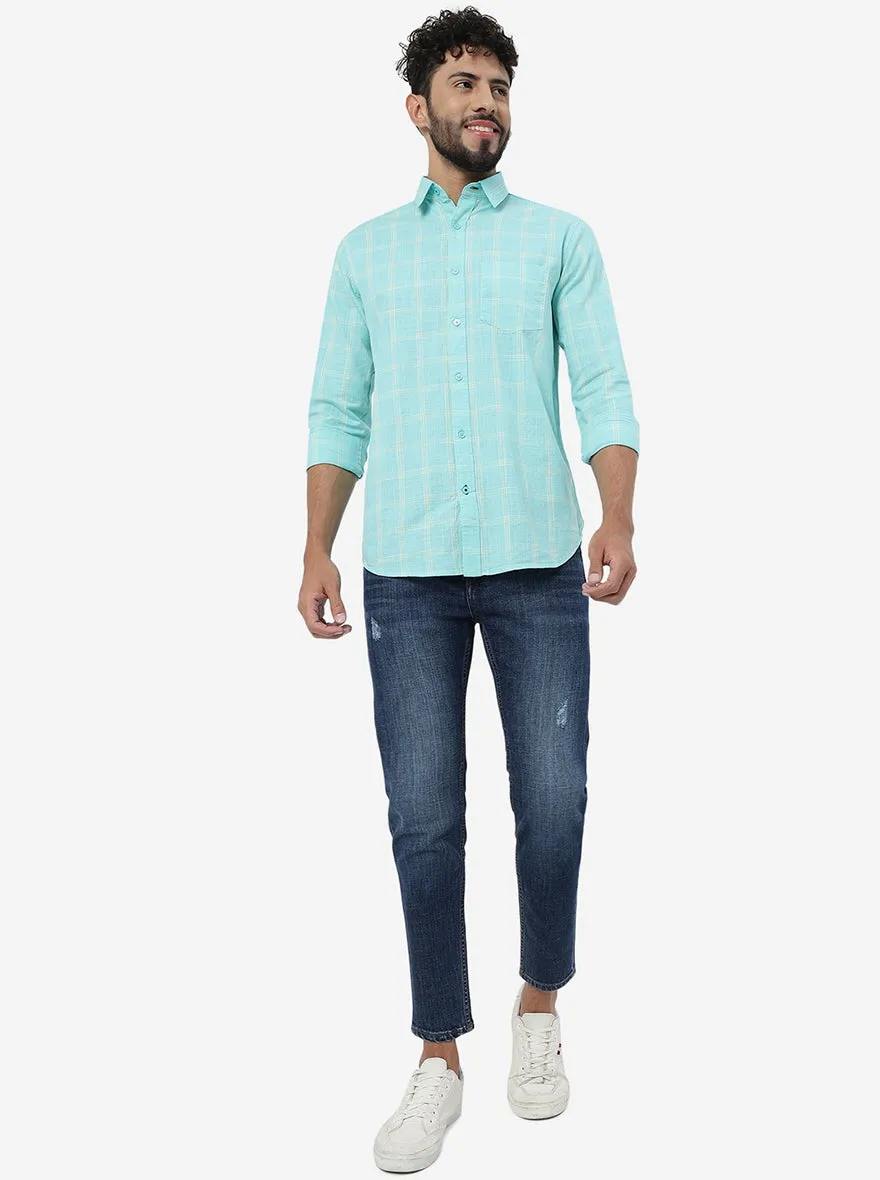 Pool Blue Checked Slim Fit Casual Shirt | JadeBlue