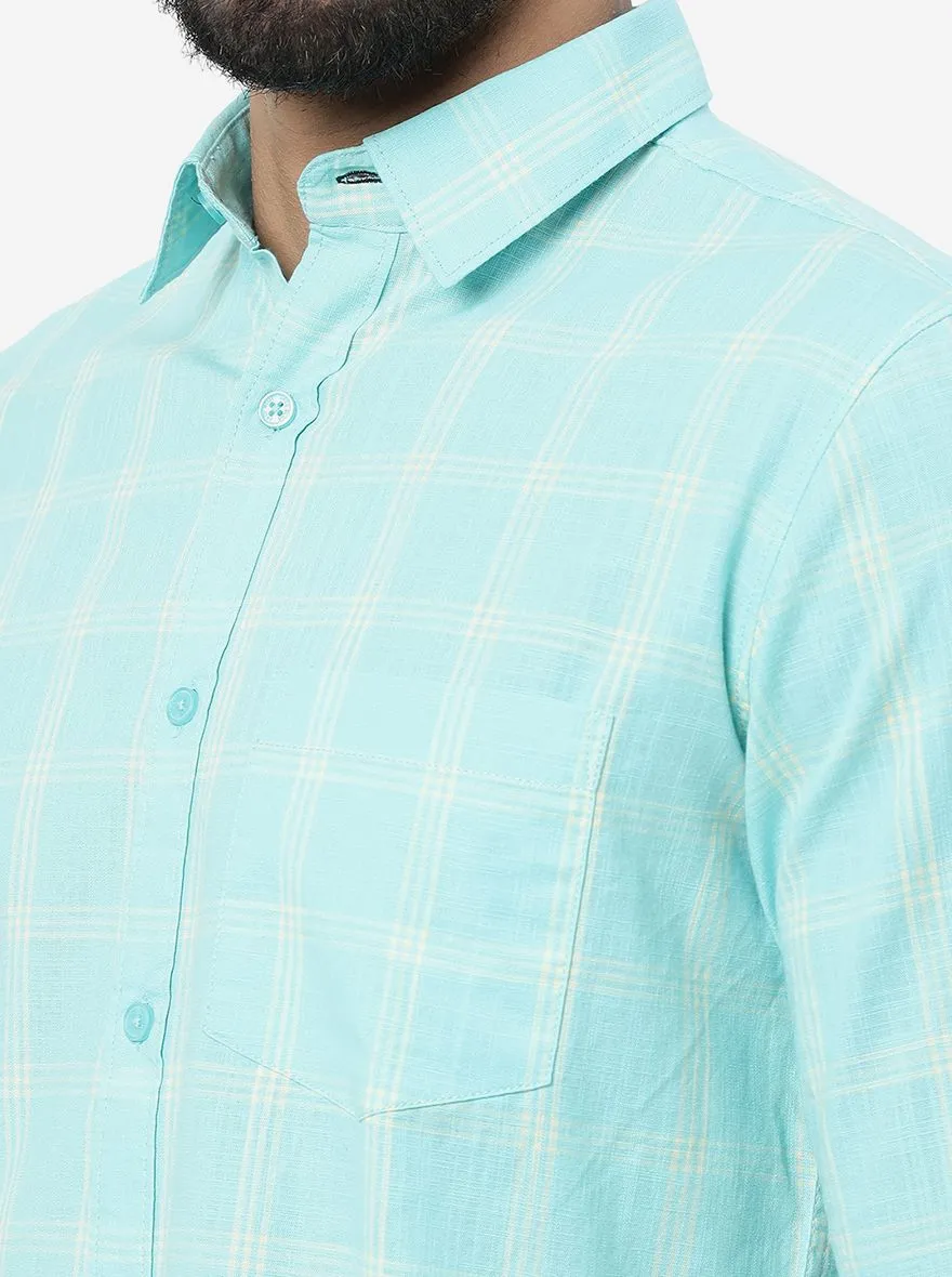 Pool Blue Checked Slim Fit Casual Shirt | JadeBlue