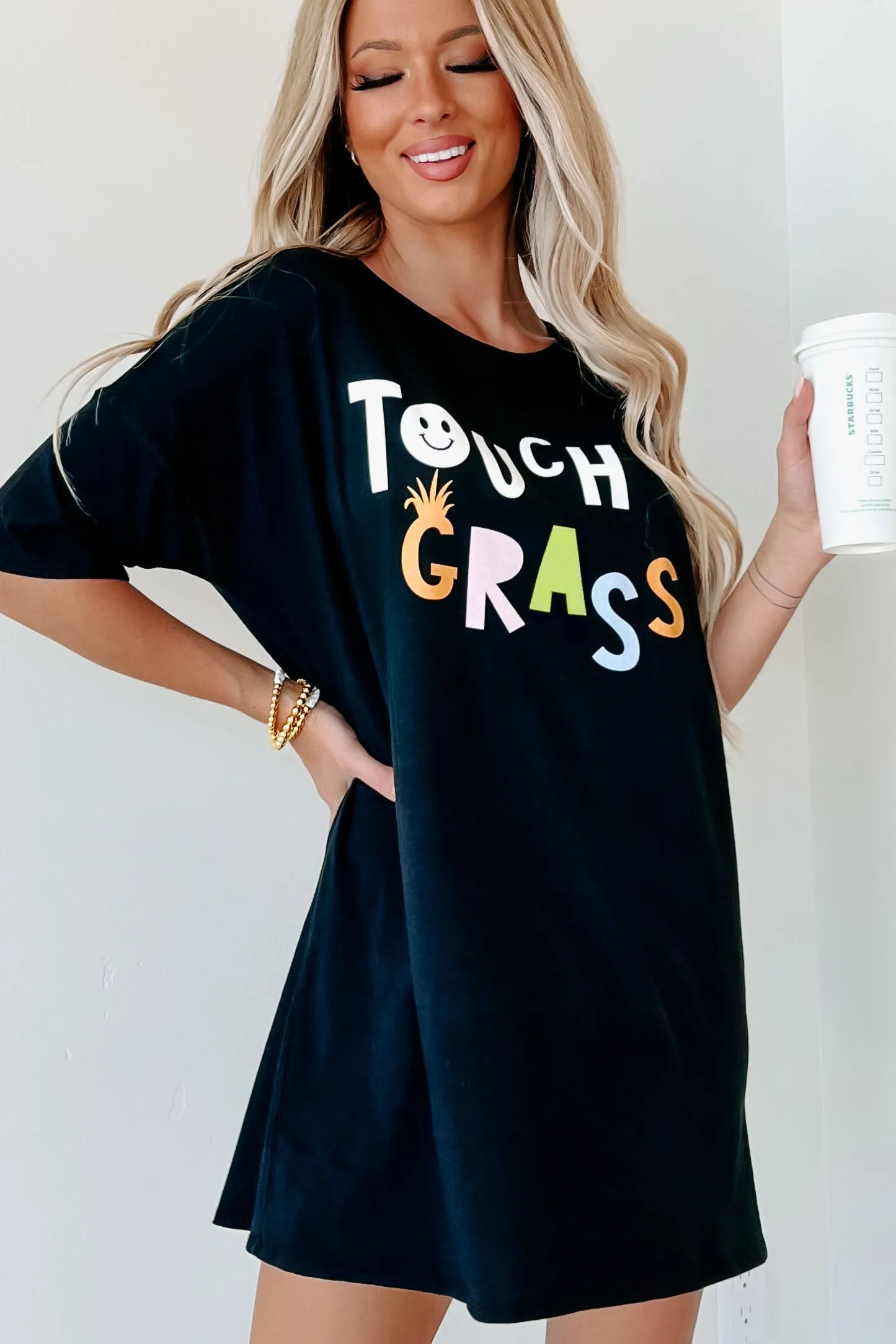 "Touch Grass" Oversized Graphic T-Shirt Dress (Black) - Print On Demand