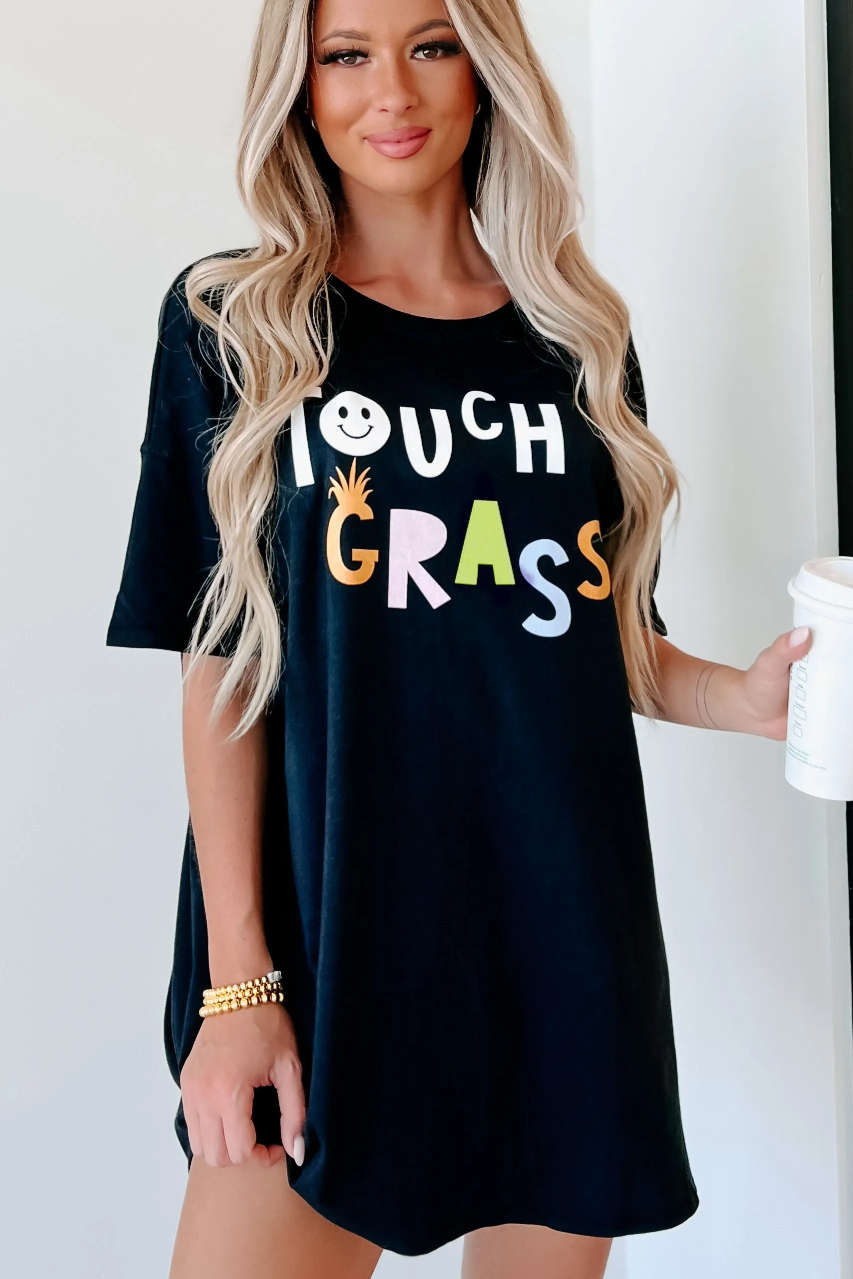 "Touch Grass" Oversized Graphic T-Shirt Dress (Black) - Print On Demand