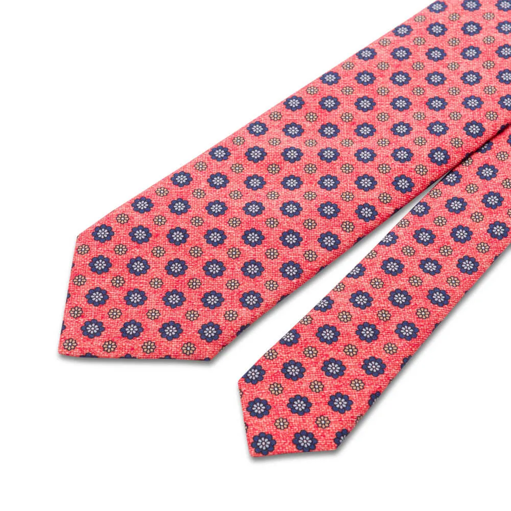 Red and Blue Classic Flowers Silk Linen Tie