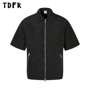 Solid Color Zipper Decoration Pleated Short Sleeve Shirts with Lapel