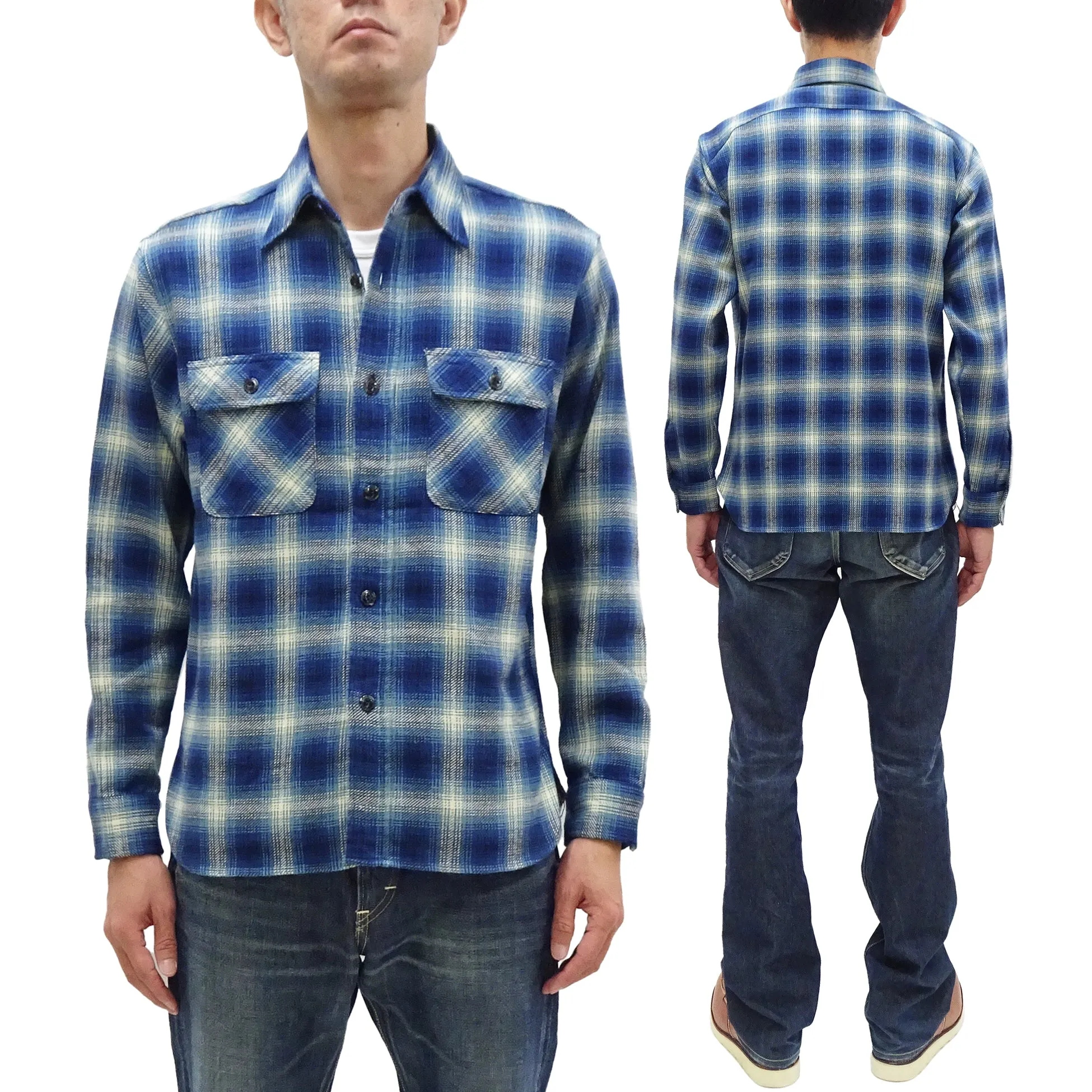 Sugar Cane Plaid Shirt Men's Fiction Romance Mediumweight Cotton Twill Long Sleeve Button Up Work Shirt SC29366 128 Navy-Blue