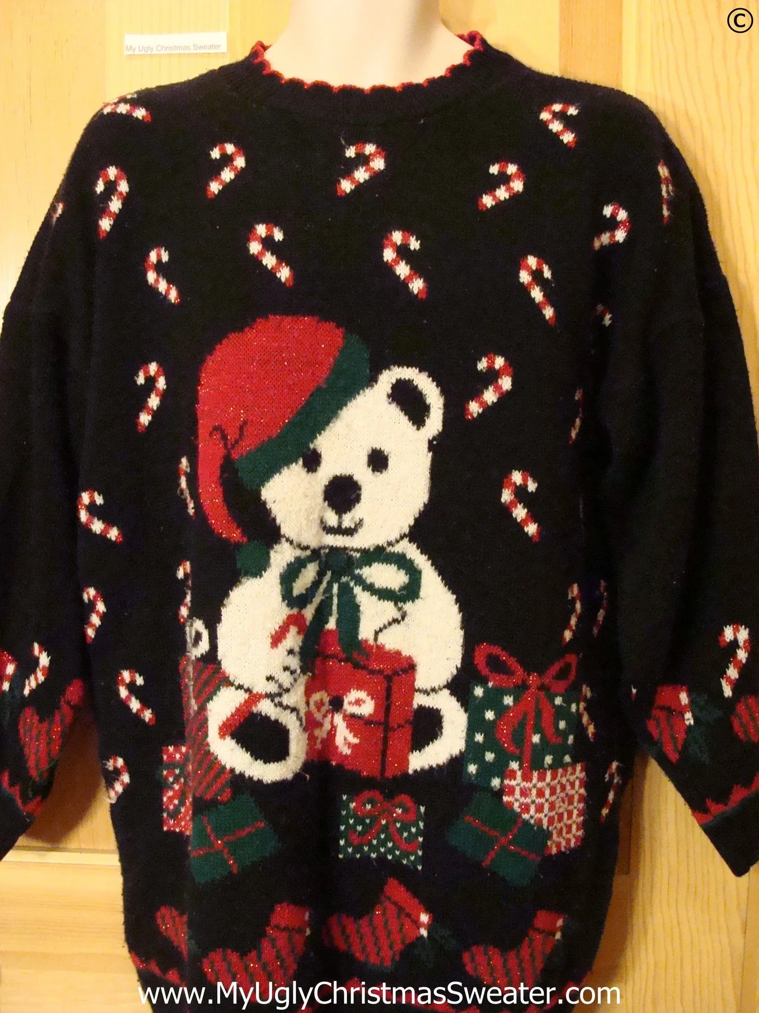 Two Sided 80s Christmas Sweater Bear Candy Canes