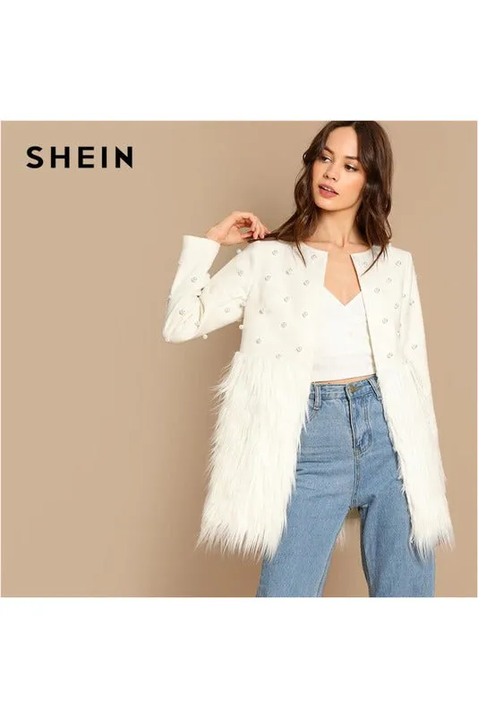 White Office Lady Solid Pearl Embellished Faux Fur Round Neck Jacket