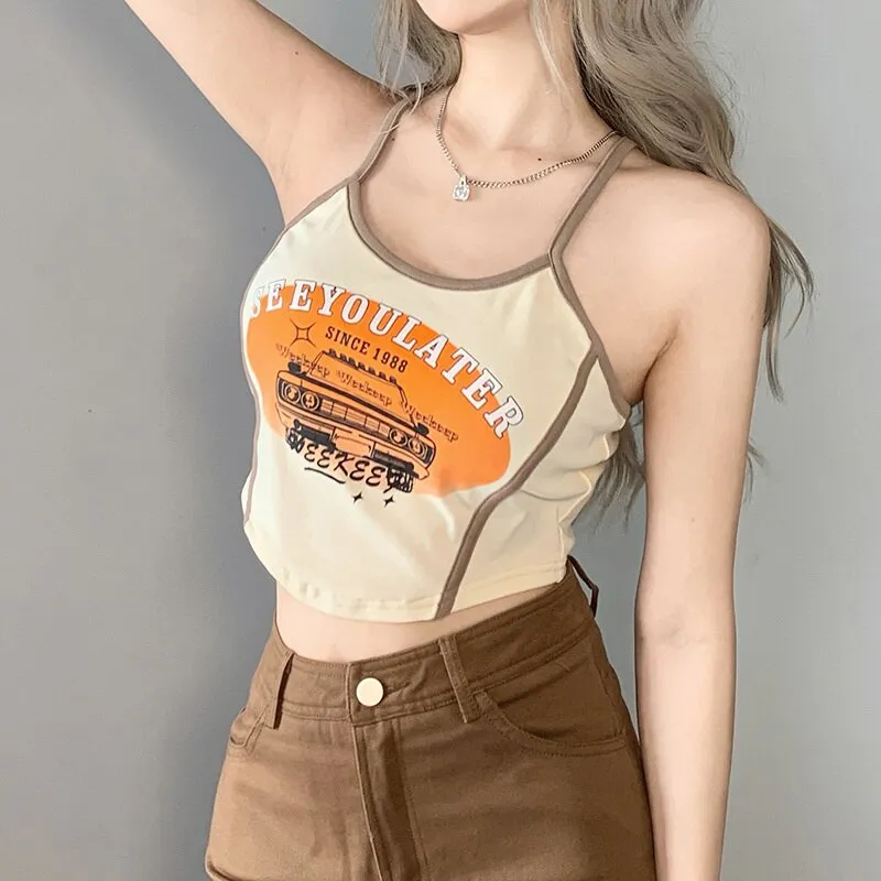 Wjczt American Print Tank Tops Basic Top Women's Outfit Summer Clubwear Party 2022 Bodycon INS Y2K Spice Girls New Tee Shirt