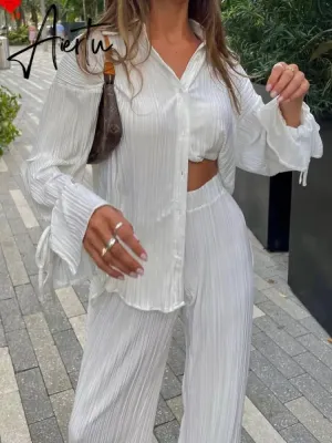 Women Two-piece Pleated Pants Suits Casual Chic Solid Color Long Sleeve Button down Shirts and Straight Leg Trousers Set